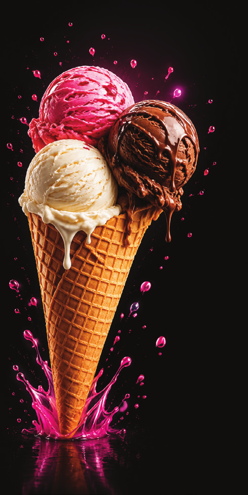 Ice cream cone with vanilla, chocolate and strawberry scoops